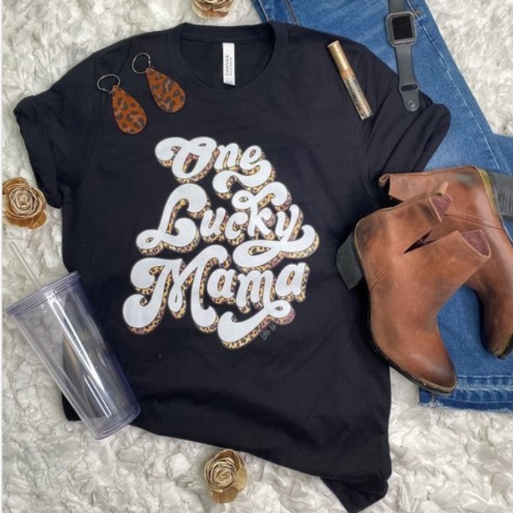 SOLD OUT CLEARANCE Black One Lucky Mama Leopard Graphic Relaxed Tee - Picture 1 of 1